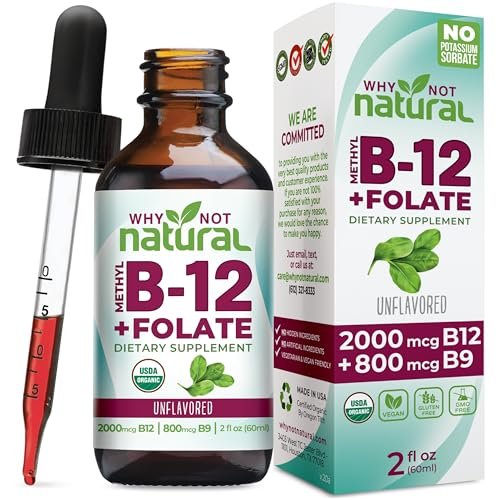 Why Not Natural Vitamin B12 Liquid Plus Folate - Organische sublinguale Extra-Stärke vegane Tropfen - Methyl-Ergänzung mit Folinsäure