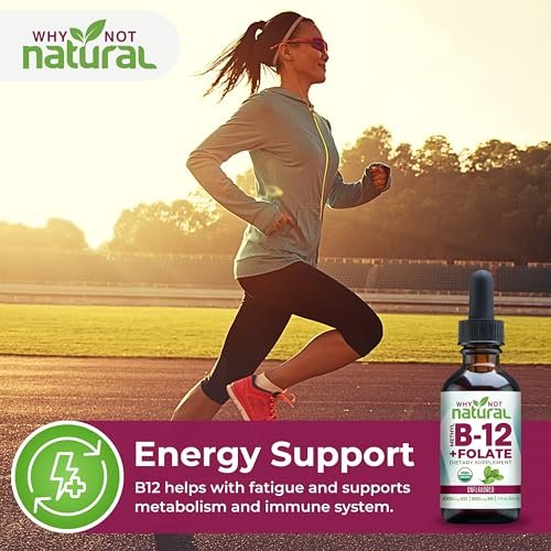 Why Not Natural Vitamin B12 Liquid Plus Folate - Organische sublinguale Extra-Stärke vegane Tropfen - Methyl-Ergänzung mit Folinsäure