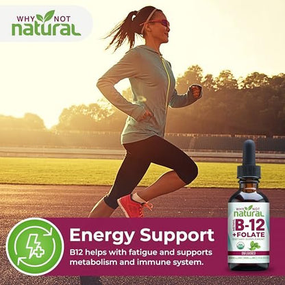 Why Not Natural Vitamin B12 Liquid Plus Folate - Organische sublinguale Extra-Stärke vegane Tropfen - Methyl-Ergänzung mit Folinsäure