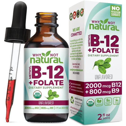 Why Not Natural Vitamin B12 Liquid Plus Folate - Organische sublinguale Extra-Stärke vegane Tropfen - Methyl-Ergänzung mit Folinsäure
