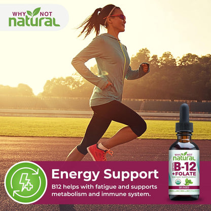 Why Not Natural Vitamin B12 Liquid Plus Folate - Organische sublinguale Extra-Stärke vegane Tropfen - Methyl-Ergänzung mit Folinsäure