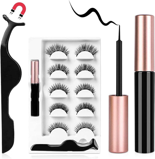 AOMIG Magnetische Wimpern mit Eyeliner-Set, 5 Paar natürlich aussehende falsche Wimpern mit Applikator, wasserfester Eyeliner, wiederverwendbare Fake Lashes für Make-up Wimpernverlängerung Schwarz