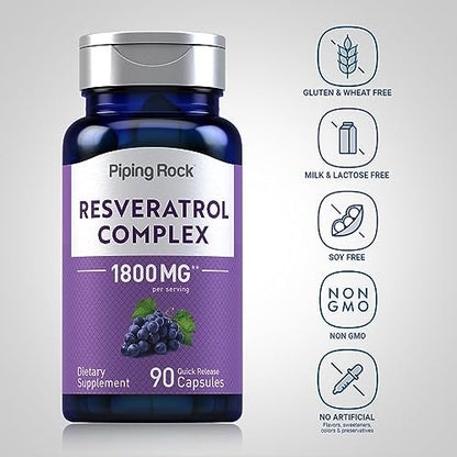 Piping Rock Resveratrol Complex | 90 Kapseln | Ultra Potent | Non-GMO, Glutenfrei
