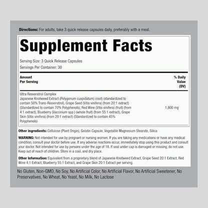 Piping Rock Resveratrol Complex | 90 Kapseln | Ultra Potent | Non-GMO, Glutenfrei