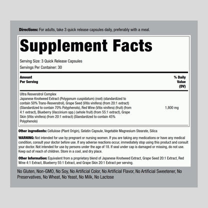 Piping Rock Resveratrol Complex | 90 Kapseln | Ultra Potent | Non-GMO, Glutenfrei