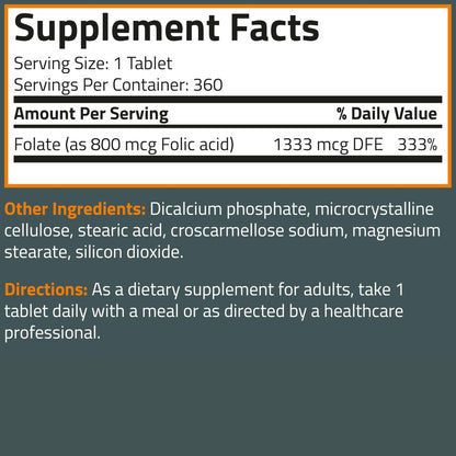 Bronson Folsäure 800 MCG – Unterstützt die pränatale Entwicklung, Nicht-GVO, 360 Tabletten
