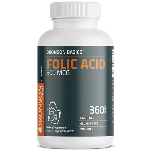 Bronson Folsäure 800 MCG – Unterstützt die pränatale Entwicklung, Nicht-GVO, 360 Tabletten