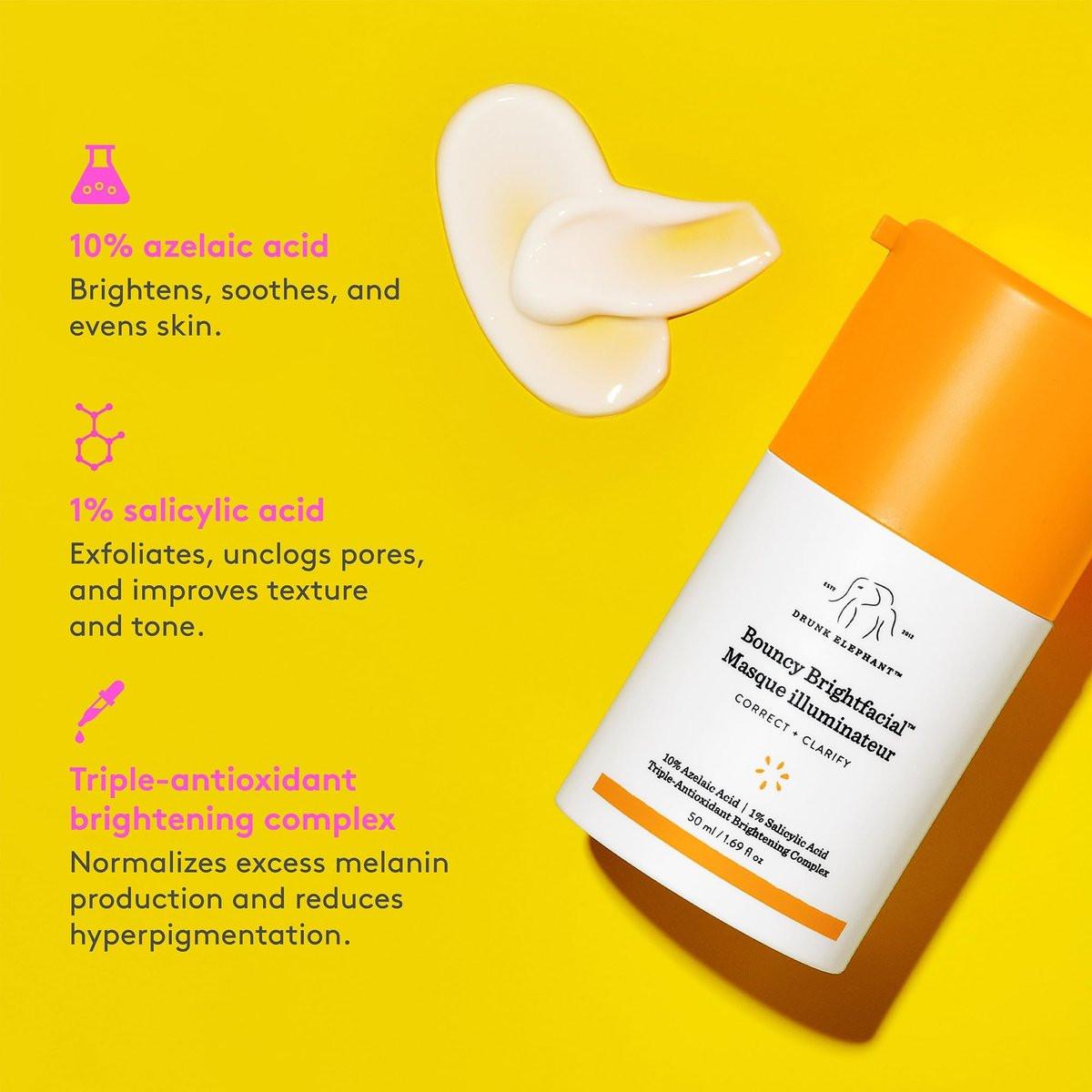 Drunk Elephant Bouncy Brightfacial – 50 ml/1,69 fl oz – Illuminierende Gesichtsmaske – Saubere klinische Hautpflege – Tierversuchsfrei – Dermatologisch getestet – Frei von ätherischen Ölen, Silikonen und Duftstoffen