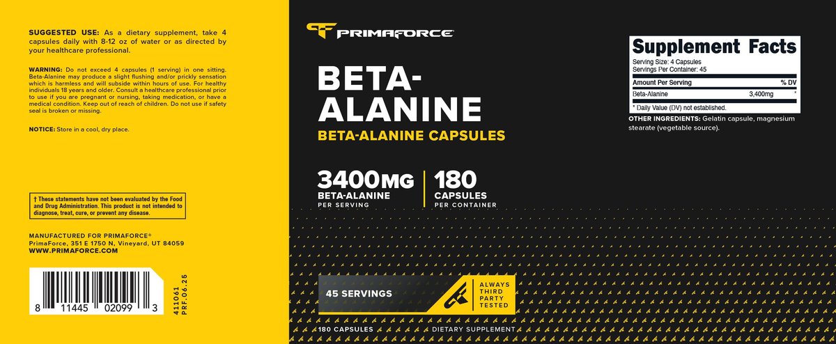 Primaforce Beta-Alanin Kapseln 3.400 mg, 180 Kapseln (45 Portionen) - Hochwirksames Beta-Alanin Supplement