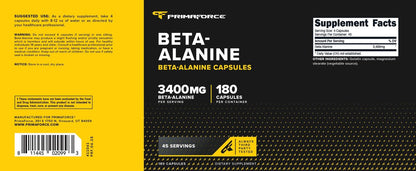 Primaforce Beta-Alanin Kapseln 3.400 mg, 180 Kapseln (45 Portionen) - Hochwirksames Beta-Alanin Supplement