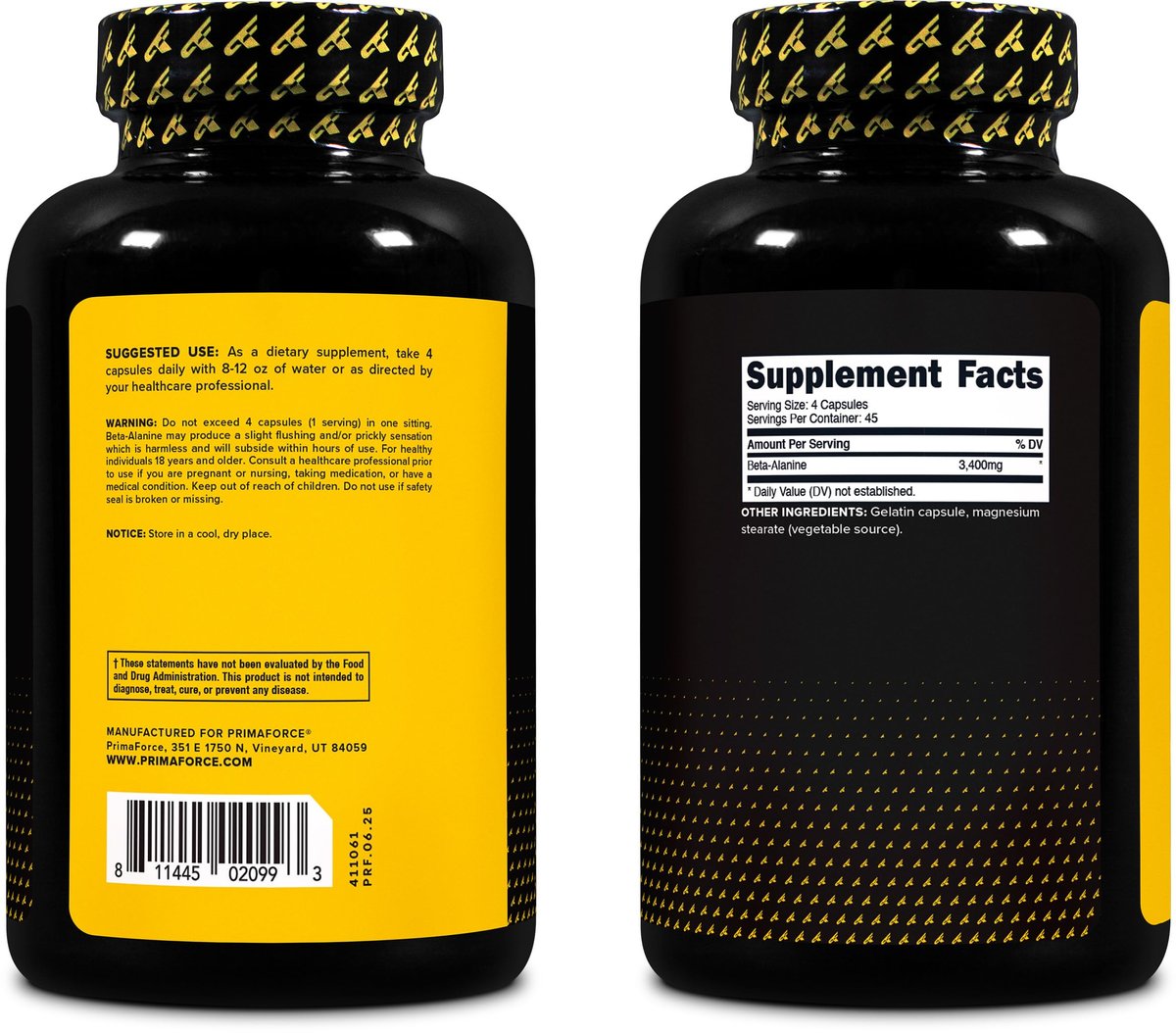 Primaforce Beta-Alanin Kapseln 3.400 mg, 180 Kapseln (45 Portionen) - Hochwirksames Beta-Alanin Supplement