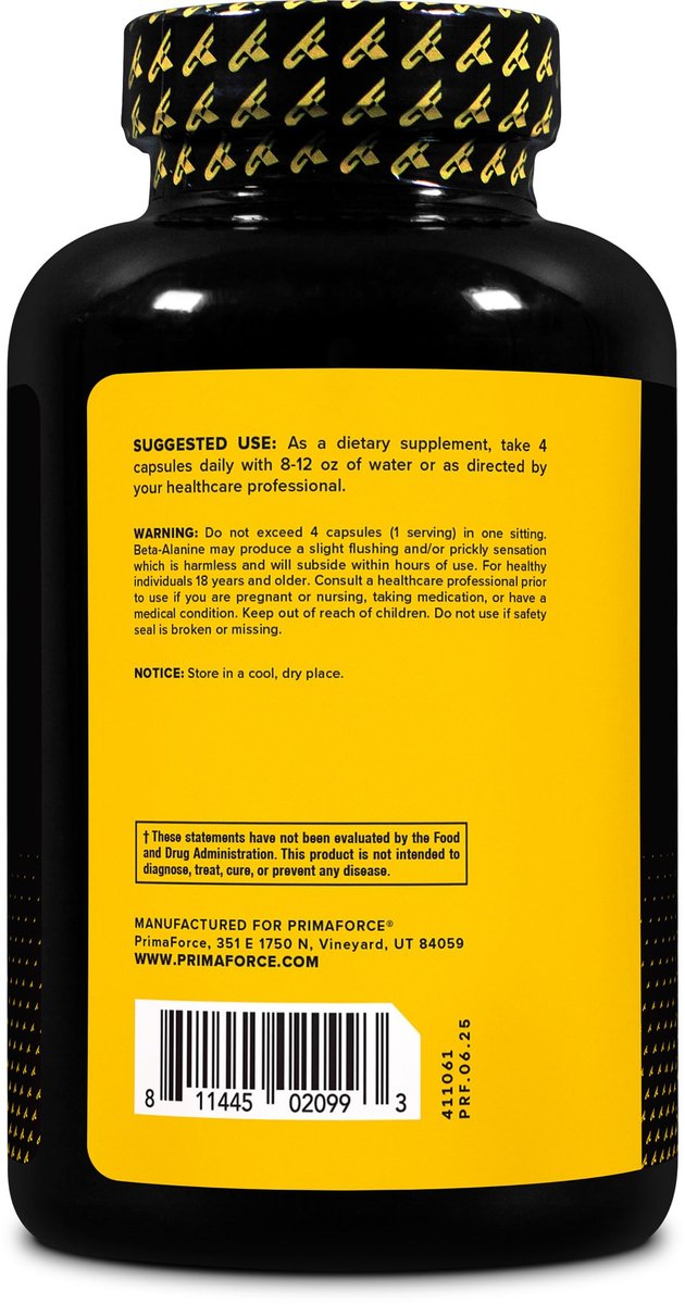 Primaforce Beta-Alanin Kapseln 3.400 mg, 180 Kapseln (45 Portionen) - Hochwirksames Beta-Alanin Supplement