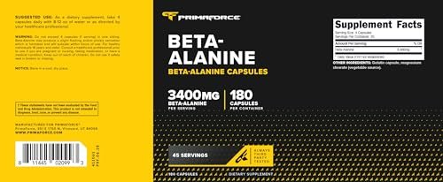 Primaforce Beta-Alanin Kapseln 3.400 mg, 180 Kapseln (45 Portionen) - Hochwirksames Beta-Alanin Supplement