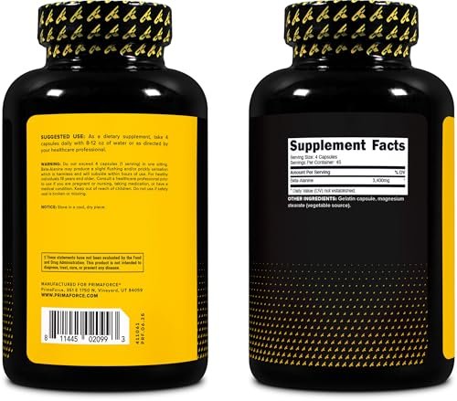 Primaforce Beta-Alanin Kapseln 3.400 mg, 180 Kapseln (45 Portionen) - Hochwirksames Beta-Alanin Supplement