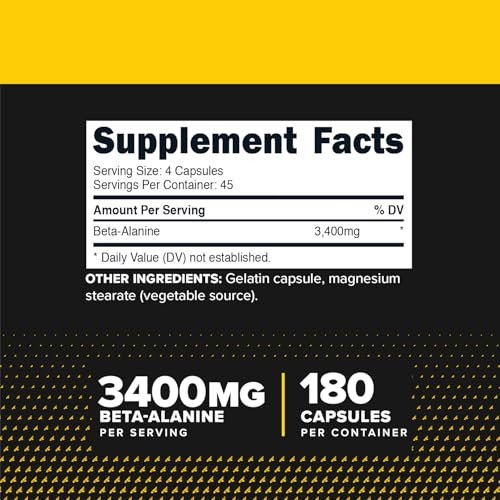 Primaforce Beta-Alanin Kapseln 3.400 mg, 180 Kapseln (45 Portionen) - Hochwirksames Beta-Alanin Supplement
