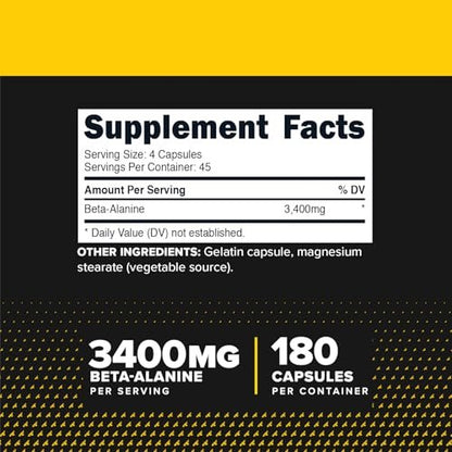 Primaforce Beta-Alanin Kapseln 3.400 mg, 180 Kapseln (45 Portionen) - Hochwirksames Beta-Alanin Supplement