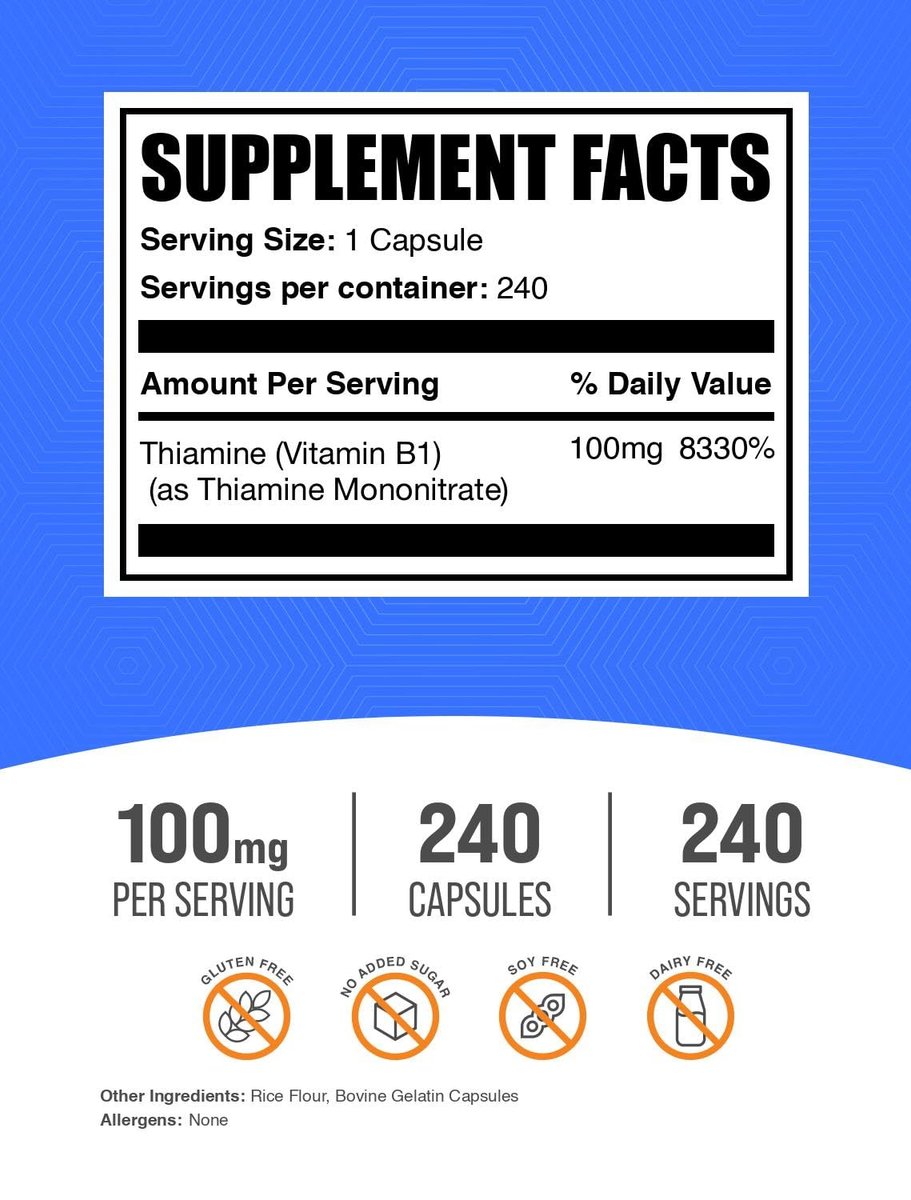 BulkSupplements.com Thiaminmononitrat Kapseln - Vitamin B1, Thiamin B1 Supplement, Thiamin 100 mg - Glutenfrei, 1 Kapsel pro Portion, 240 Kapseln (1er Pack)