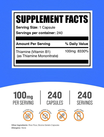 BulkSupplements.com Thiaminmononitrat Kapseln - Vitamin B1, Thiamin B1 Supplement, Thiamin 100 mg - Glutenfrei, 1 Kapsel pro Portion, 240 Kapseln (1er Pack)