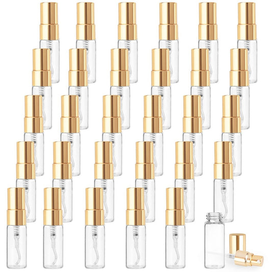 Cositina 30er-Pack 3ml Feinsprühflasche aus Glas, Mini Klare Sprühfläschchen, Nachfüllbare Parfümflaschen mit Golddeckeln für Duftproben und DIY-Sprays
