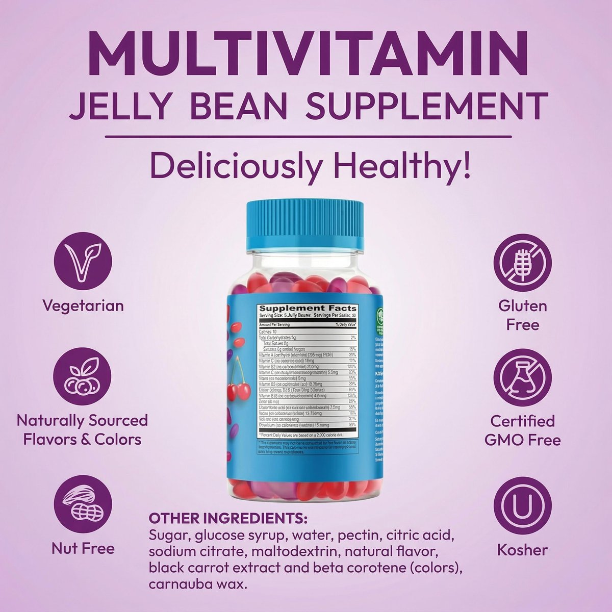 Human Beanz Multivitamin Jelly Bean Gummies mit Zink für Männer und Frauen, Immununterstützung, Nahrungsergänzungsmittel für Erwachsene, vegetarisch, 120 Berry Blast Jelly Beans, koscher