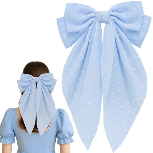 Große Satin-Haarschleife mit langem Schwanz – 8 Zoll Haarbogen-Clip für Damen & Mädchen – Elegantes Haarband für französische Looks – Blau