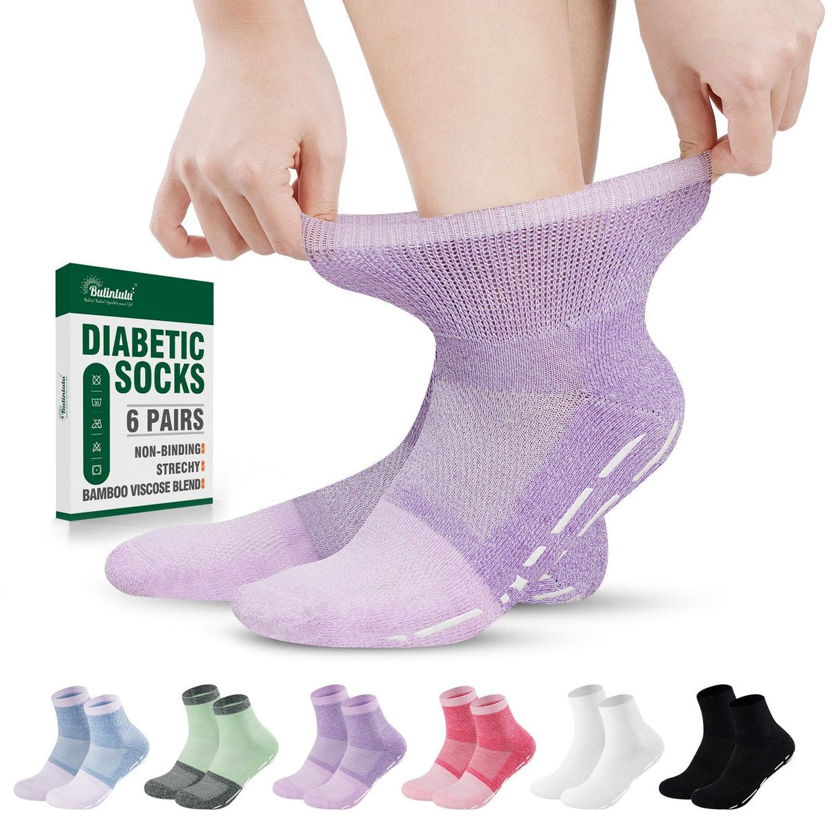 Bulinlulu Diabetiker Krankenhaus Socken mit Griffen für Herren Damen, 6 Paar nicht bindende Diabetiker Knöchel Slipper Socken Größe 39-45 (Hell-Mittel)