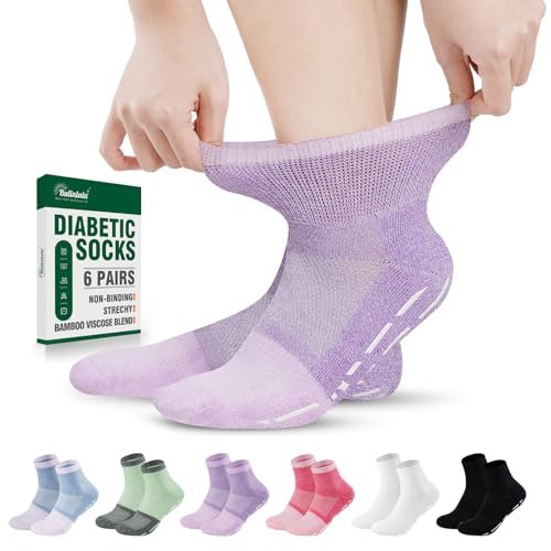 Bulinlulu Diabetiker Krankenhaus Socken mit Griffen für Herren Damen, 6 Paar nicht bindende Diabetiker Knöchel Slipper Socken Größe 39-45 (Hell-Mittel)