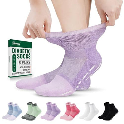 Bulinlulu Diabetiker Krankenhaus Socken mit Griffen für Herren Damen, 6 Paar nicht bindende Diabetiker Knöchel Slipper Socken Größe 39-45 (Hell-Mittel)
