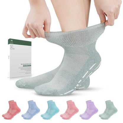 Bulinlulu Diabetiker Krankenhaus Socken mit Griffen für Männer und Frauen, 6 Paar nicht einschnürende diabetische Knöchel-Hausschuhe Socken Größe 9-11 (Rein-Mittel)