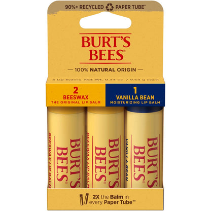 Burt's Bees Feuchtigkeitsspendender Lippenbalsam, 2x Original Bienenwachs & 1x Vanille, 100% natürlichen Ursprungs, 0,34 Unzen pro Stift, 3er-Pack (Verpackung kann variieren)