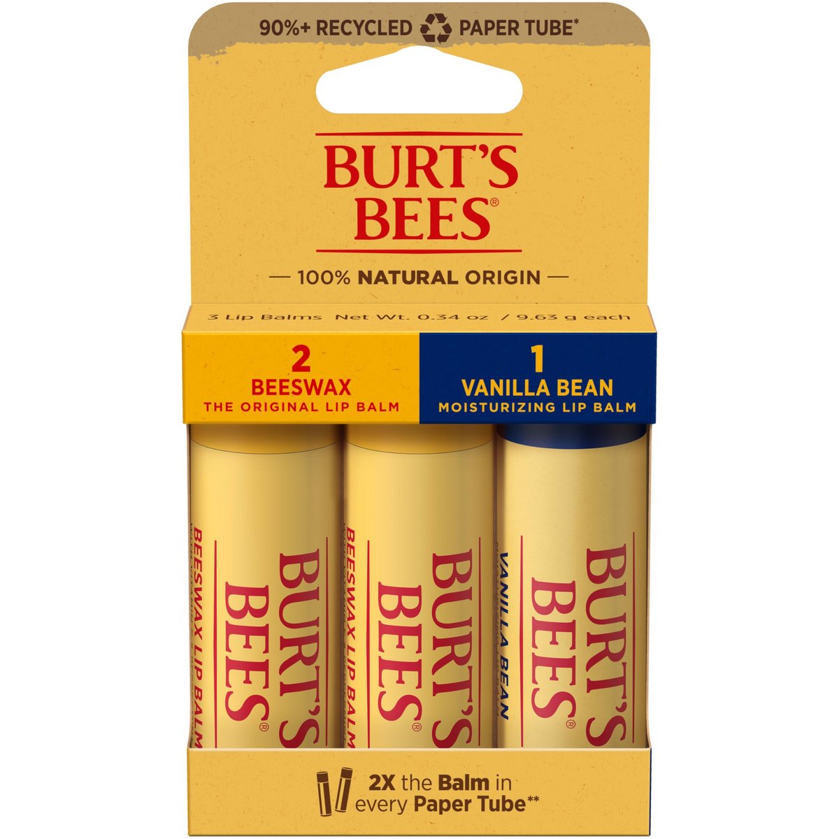 Burt's Bees Feuchtigkeitsspendender Lippenbalsam, 2x Original Bienenwachs & 1x Vanille, 100% natürlichen Ursprungs, 0,34 Unzen pro Stift, 3er-Pack (Verpackung kann variieren)