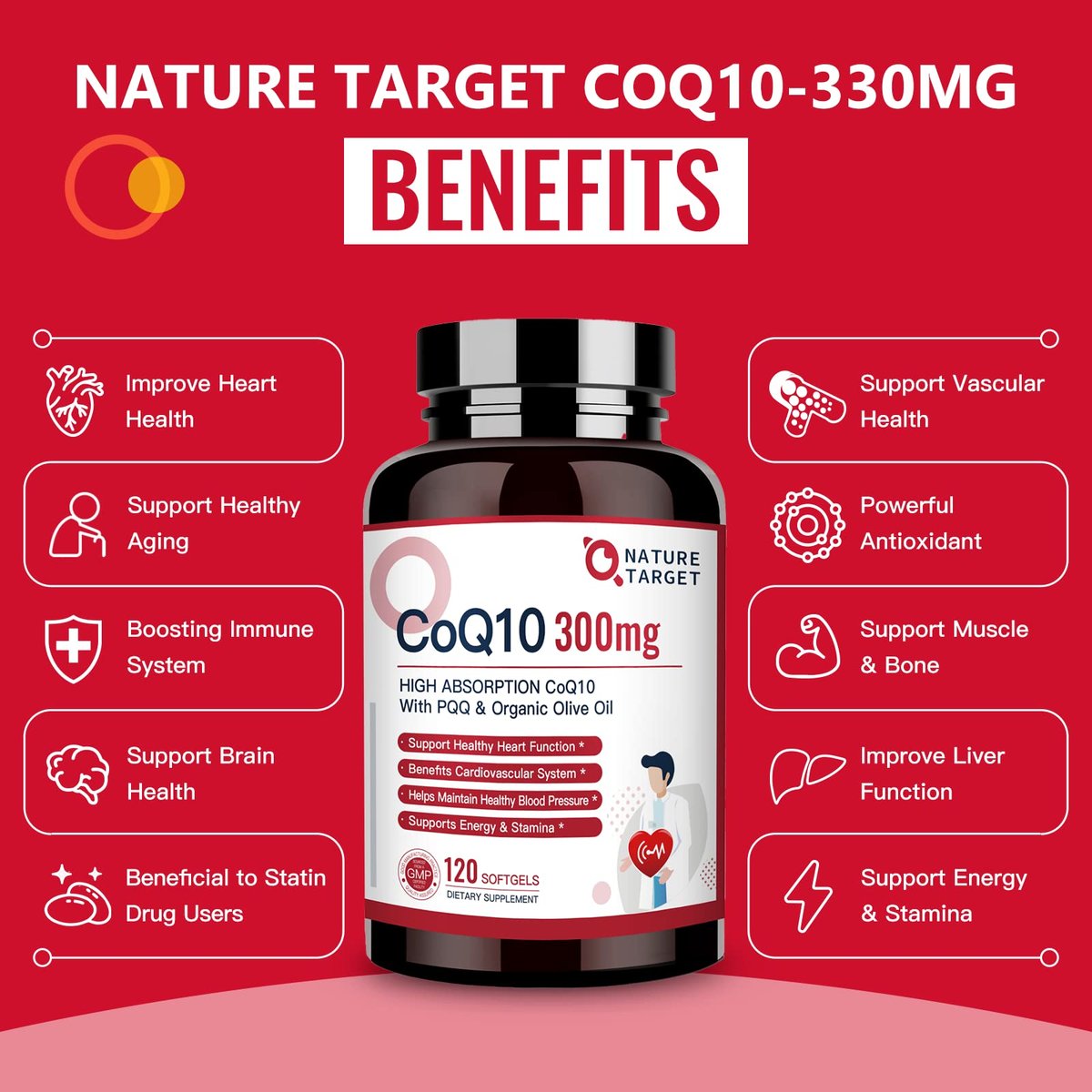 NATURE TARGET CoQ10 300 mg + PQQ mit Bio-Olivenöl – Hochdosiertes Coenzym Q10 für Herzgesundheit, Immunsystem & Energieproduktion – 120 Kapseln