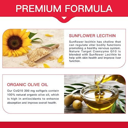 NATURE TARGET CoQ10 300 mg + PQQ mit Bio-Olivenöl – Hochdosiertes Coenzym Q10 für Herzgesundheit, Immunsystem & Energieproduktion – 120 Kapseln