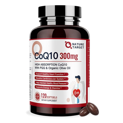 NATURE TARGET CoQ10 300 mg + PQQ mit Bio-Olivenöl – Hochdosiertes Coenzym Q10 für Herzgesundheit, Immunsystem & Energieproduktion – 120 Kapseln