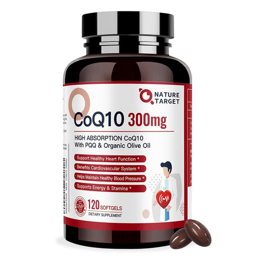 NATURE TARGET CoQ10 300 mg + PQQ mit Bio-Olivenöl – Hochdosiertes Coenzym Q10 für Herzgesundheit, Immunsystem & Energieproduktion – 120 Kapseln
