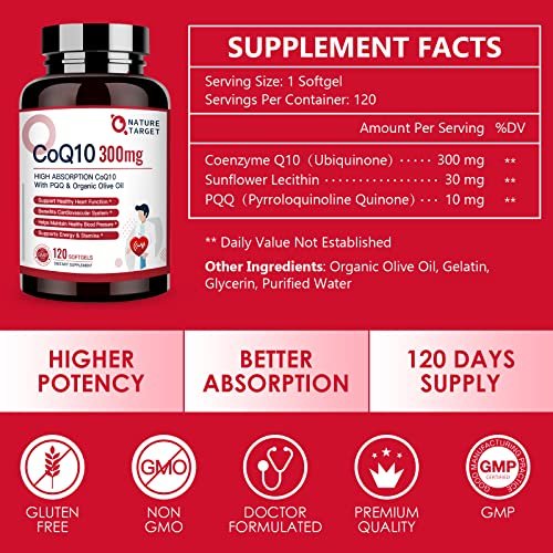 NATURE TARGET CoQ10 300 mg + PQQ mit Bio-Olivenöl – Hochdosiertes Coenzym Q10 für Herzgesundheit, Immunsystem & Energieproduktion – 120 Kapseln