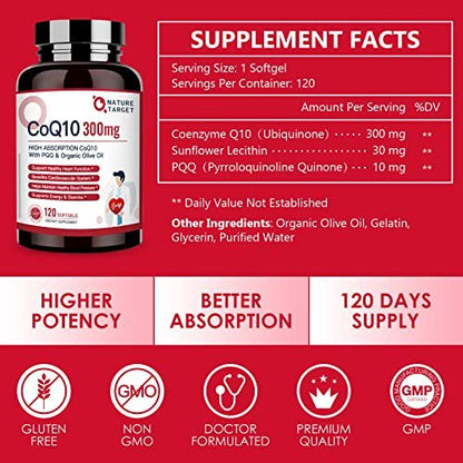 NATURE TARGET CoQ10 300 mg + PQQ mit Bio-Olivenöl – Hochdosiertes Coenzym Q10 für Herzgesundheit, Immunsystem & Energieproduktion – 120 Kapseln