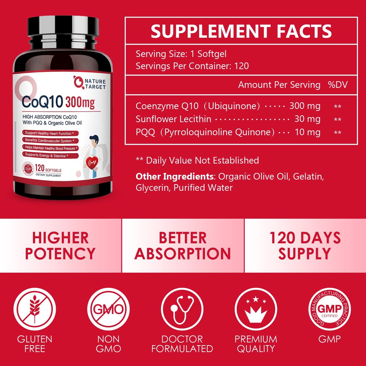 NATURE TARGET CoQ10 300 mg + PQQ mit Bio-Olivenöl – Hochdosiertes Coenzym Q10 für Herzgesundheit, Immunsystem & Energieproduktion – 120 Kapseln