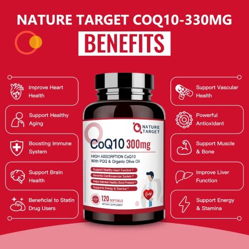 NATURE TARGET CoQ10 300 mg + PQQ mit Bio-Olivenöl – Hochdosiertes Coenzym Q10 für Herzgesundheit, Immunsystem & Energieproduktion – 120 Kapseln
