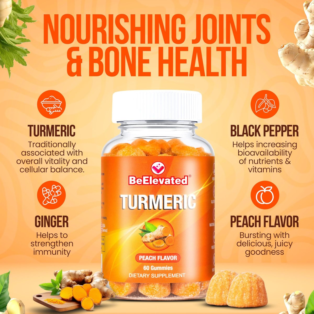 BeElevated Curcumin Kurkuma Gummibärchen – Kurkuma Extrakt und Ingwer Ergänzung – Vegan, Non-GMO, mit Schwarzem Pfeffer – 60 Stück – Pfirsichgeschmack – 30-Tage-Vorrat