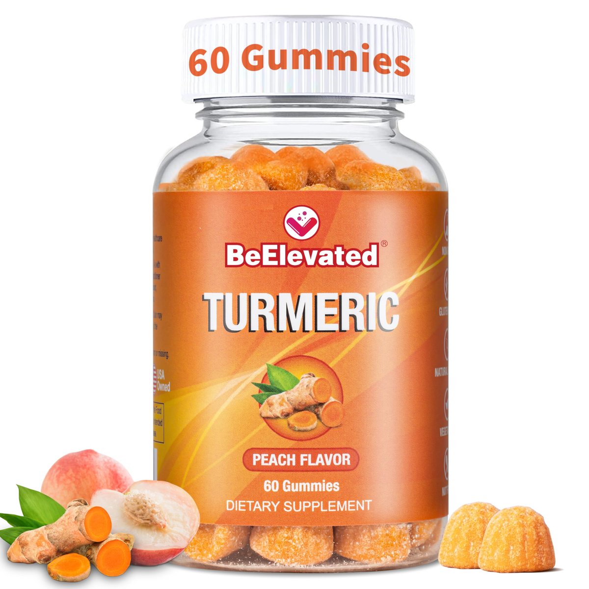 BeElevated Curcumin Kurkuma Gummibärchen – Kurkuma Extrakt und Ingwer Ergänzung – Vegan, Non-GMO, mit Schwarzem Pfeffer – 60 Stück – Pfirsichgeschmack – 30-Tage-Vorrat