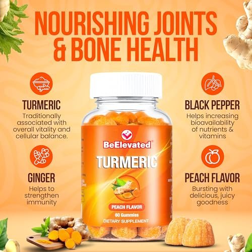 BeElevated Curcumin Kurkuma Gummibärchen – Kurkuma Extrakt und Ingwer Ergänzung – Vegan, Non-GMO, mit Schwarzem Pfeffer – 60 Stück – Pfirsichgeschmack – 30-Tage-Vorrat