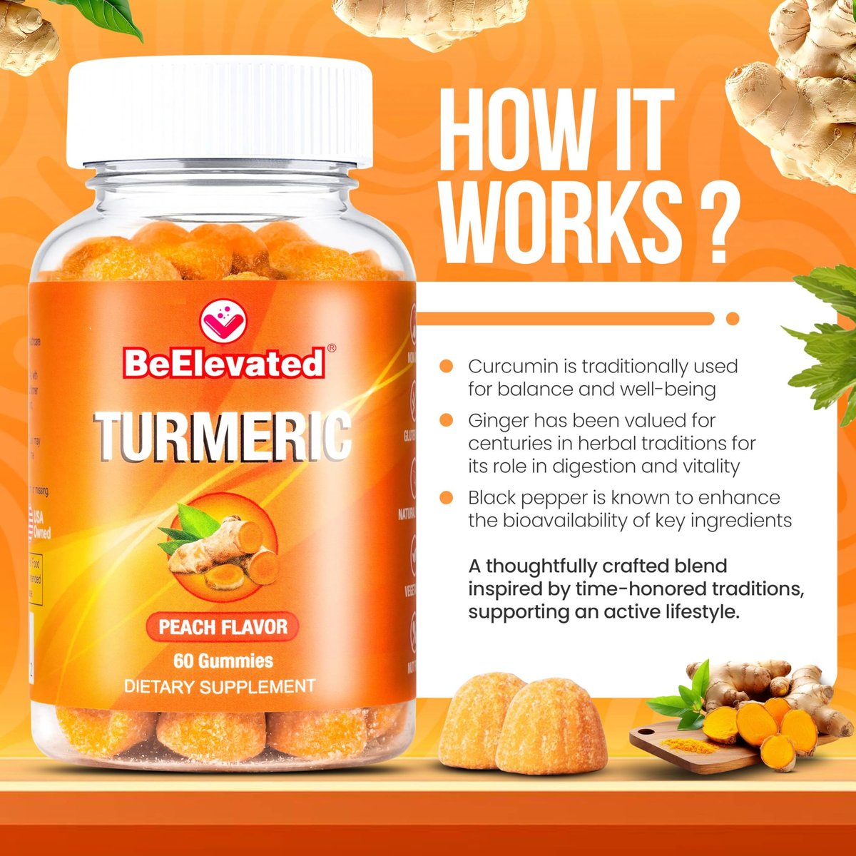 BeElevated Curcumin Kurkuma Gummibärchen – Kurkuma Extrakt und Ingwer Ergänzung – Vegan, Non-GMO, mit Schwarzem Pfeffer – 60 Stück – Pfirsichgeschmack – 30-Tage-Vorrat