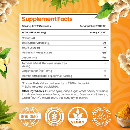 BeElevated Curcumin Kurkuma Gummibärchen – Kurkuma Extrakt und Ingwer Ergänzung – Vegan, Non-GMO, mit Schwarzem Pfeffer – 60 Stück – Pfirsichgeschmack – 30-Tage-Vorrat