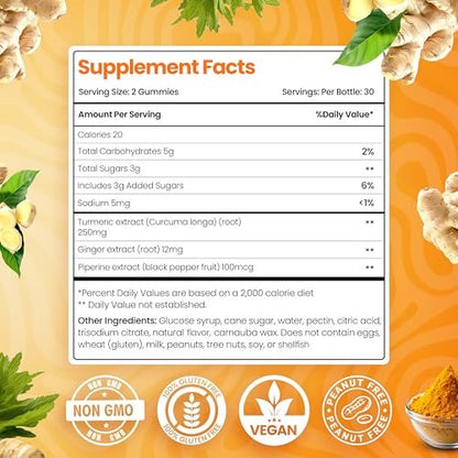 BeElevated Curcumin Kurkuma Gummibärchen – Kurkuma Extrakt und Ingwer Ergänzung – Vegan, Non-GMO, mit Schwarzem Pfeffer – 60 Stück – Pfirsichgeschmack – 30-Tage-Vorrat