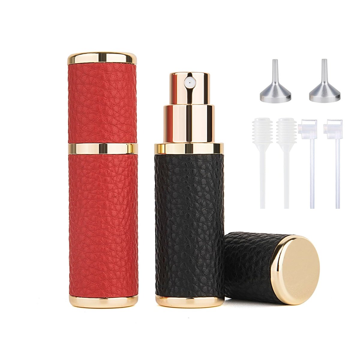 Sinyutia 2er-Pack Parfümzerstäuberflasche (5 ml) – Nachfüllbare, leere Duftzerstäuberflasche mit luxuriöser Lederhülle für Reisen, Arbeit, unterwegs für Damen und Herren (Schwarz + Rot)
