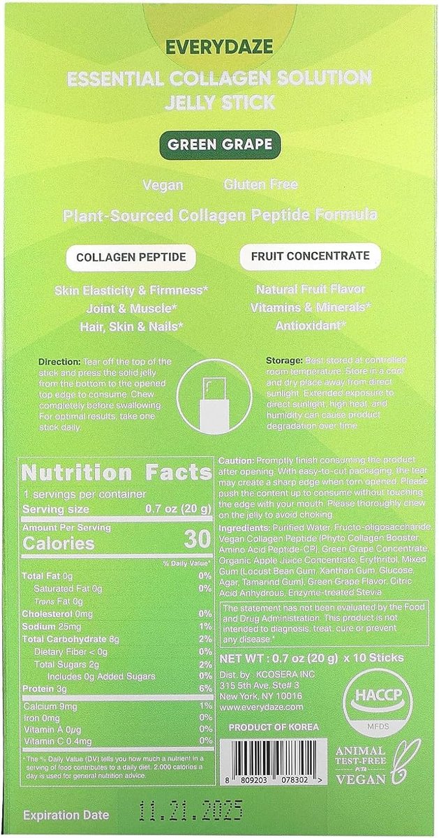 EVERYDAZE Essential Collagen Solution Jelly Stick – Pflanzlich, Grüne Traube, 10 Sticks, Vitamine & Mineralien für Männer & Frauen