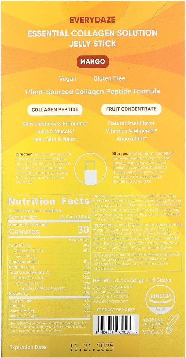 EVERYDAZE Essential Collagen Solution Jelly Stick | Pflanzlich | Mango | 10er-Pack | Vitamine, Mineralien, Antioxidantien für Männer & Frauen