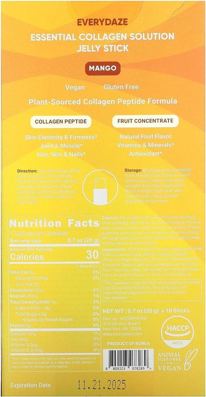 EVERYDAZE Essential Collagen Solution Jelly Stick | Pflanzlich | Mango | 10er-Pack | Vitamine, Mineralien, Antioxidantien für Männer & Frauen