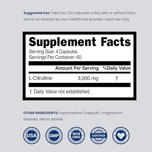 L-Citrullin 3000mg Kapseln (240 Stück) – Unterstützt L-Arginin & Stickstoffmonoxid – für Männer & Frauen – Muskelregeneration & Pump – vegan, nicht-GVO, in den USA hergestellt